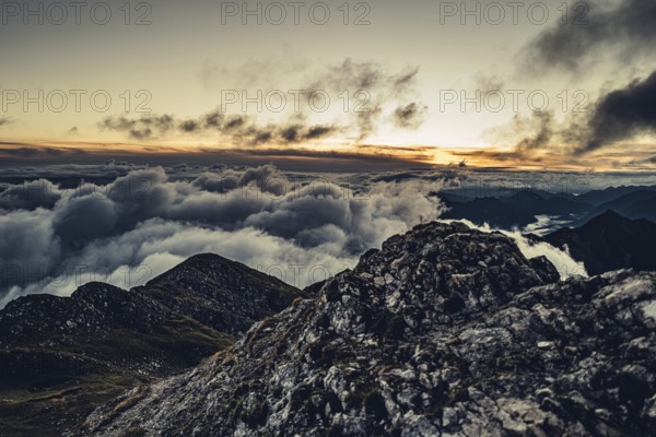 Sunrise hike on the Hochplatte in the Ammergau Alps, Ammergebirge in the Allgäu, Bavaria, Germany,