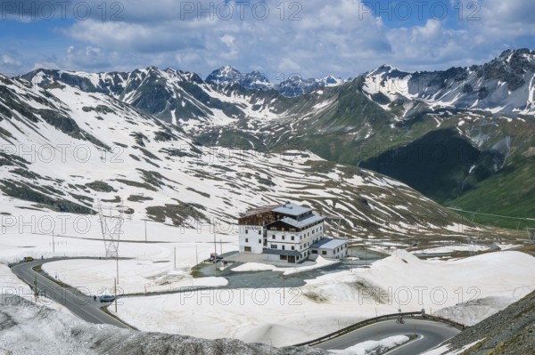 Stilfserjoch, Vinchgau, South Tyrol, Italy, Hotel Folgore on the Stilfser Joch pass road, rest area