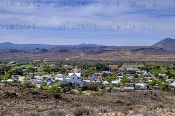 View of Prince Albert, Karoo and Swartberg Mountains from the Gordon Koppie Trail, Western Cape,