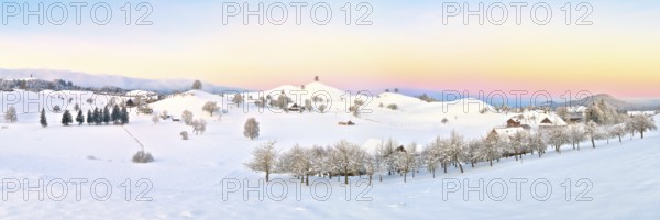 Panorama of a wintery hilly landscape at dawn, Menzingen, Canton Zug, Switzerland, Europe