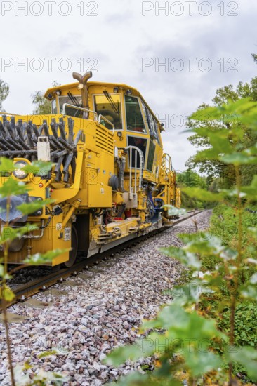 Yellow locomotive on rails, surrounded by trees and foliage, tamping machine, Hermann Hessebahn,