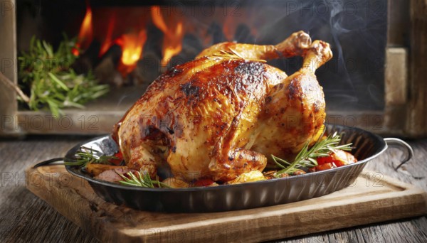 Food, whole grilled chicken in front of the oven, AI generated, AI generated