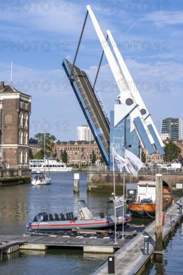 Historic Poortgebouw, with drawbridge, Rotterdam Marina, pleasure craft harbour, sailing boats,