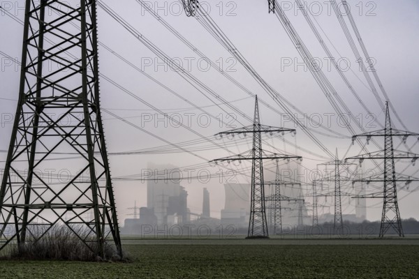 Large power line, 380 KV extra-high voltage lines, near Rommerskirchen, RWE lignite-fired power