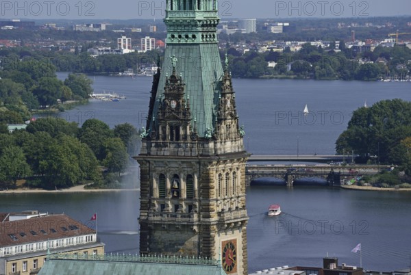 Europe, Germany, Hamburg, City, View from above of City Hall, Inner and Outer Alster Lake, City