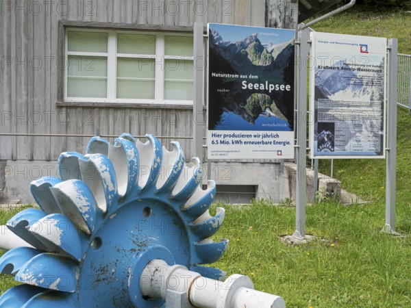 Model of a water turbine, poster describing power generation, power station Seealp-Wasserauen,