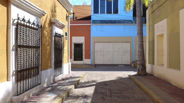 Mexico, Mazatlan, Colorful old city streets in historic city center near El Malecon promenades,