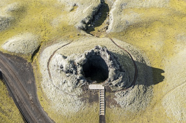 Single crater of the Laki crater row, top down view, viewing platform, road F206, Iceland, Europe
