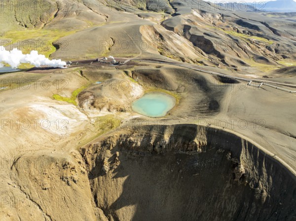 Aerial view of blue lake in the Viti volcano crater at Krafla power plant, Myvatn region, Iceland,