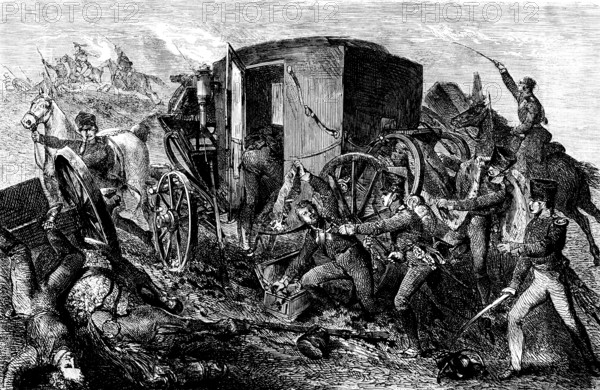 Soldiers capture Napoleon's carriage with the coronation mantle, pursuit of the fleeing French