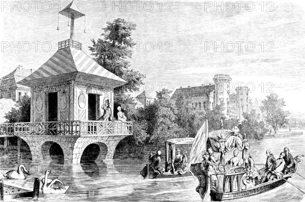Crown Prince Friedrich and his wife in Rheinsberg, Ruppin, castle, park, lake, open boats, rowers,