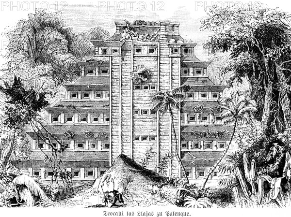 Teocalli las Llajas in Palenque, Central America, Mexico, historical illustration 1880, Central