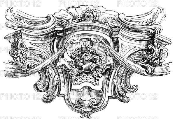 Baroque cartouche, sandstone element, structuring, floral ornamentation, jewellery, architecture,