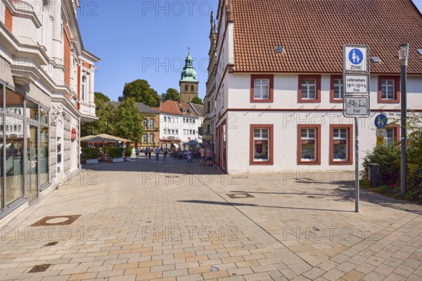 Historic buildings and Protestant town church on the Hallenbrink in Bad Salzuflen, Lippe district,