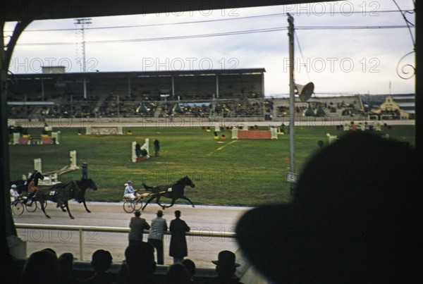Trotting race in a stadium as part of an equestrian event, Melbourne, Victoria, Australia, 1956,