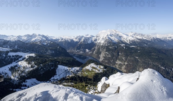 View of Königssee and Watzmann with snow in autumn, from the Jenner, Berchtesgaden National Park,