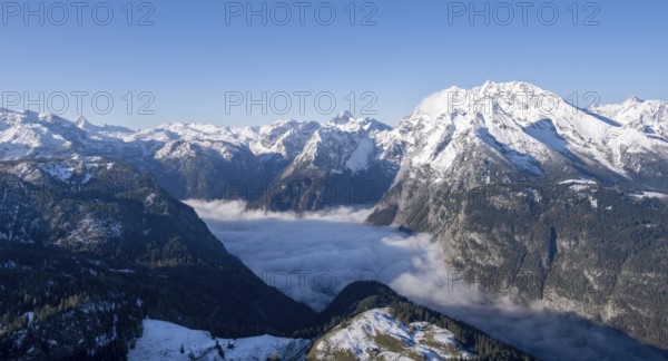 View of sea of clouds and snow-covered mountains, mountain panorama with Watzmann, from the Jenner,