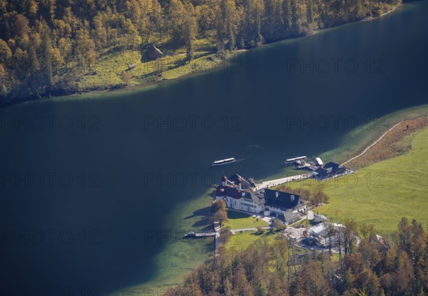 Königssee and St. Bartholomä pilgrimage church, view from the Rinnkendlsteig mountain hiking trail,