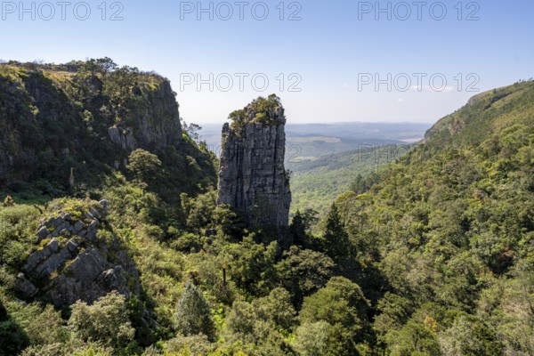Rock needle in a densely forested canyon, Pinnacle Rock, view over canyon landscape, near Graskop,