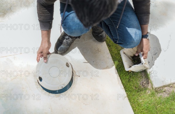 Cleaning and maintenance of the swimming pool skimmer basket. Person cleaning pool filter skimmer