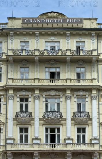 Art Nouveau window front at the Grandhotel Pupp in the spa district, Karlovy Vary, Bohemia, Czech
