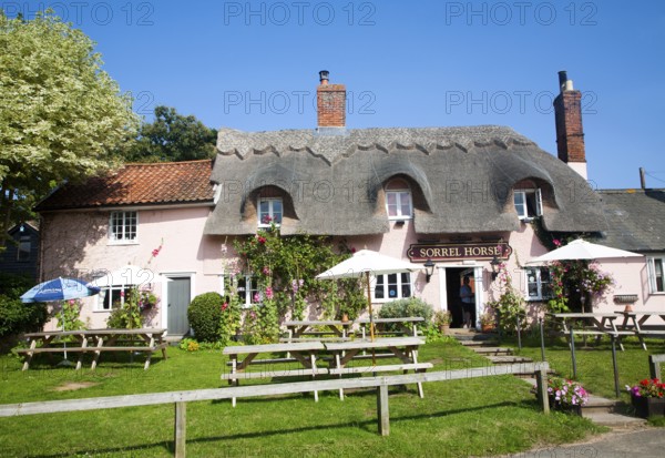 Thatched traditional country pub the Sorrel Horse, Shottisham, Suffolk, England, UK
