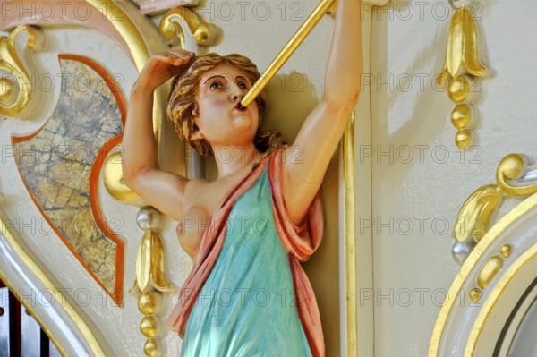 Wooden figure, colourful painted, wooden figure, woman blowing fanfare, bosom free, old Hooghuys