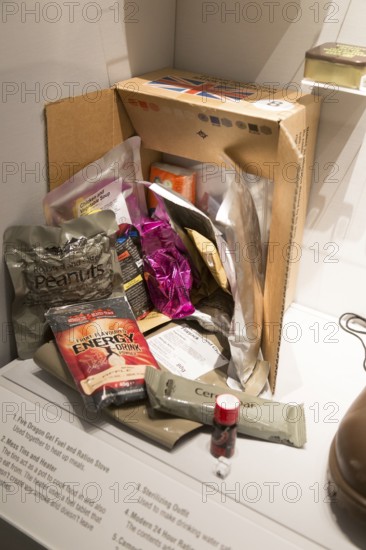 Modern 24 hour ration pack of 4, 000 calories, REME museum, MOD Lyneham, Wiltshire, England, UK