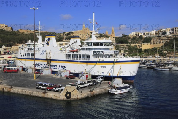 View from Gozo Channel Line ferry ship approaching port of Mgarr, Gozo, Malta, Europe