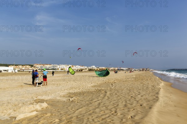 Sandy beach beach Playa de los Lances, kitesurfers and walkers, Tarifa, Strait of Gibraltar, Costa