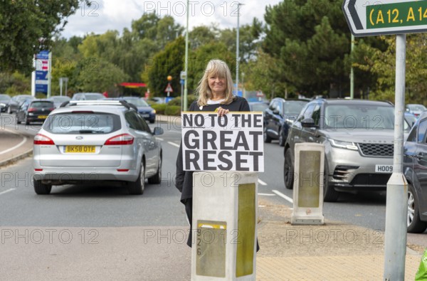 Protest at busy roundabaout, Martlesham, Suffolk, England, UK, No to the Great Reset