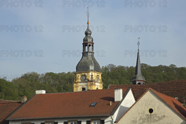 Tower of St Anthony of Padua Church and town hall, roofs, spire, Meisenheim, Rhineland-Palatinate,