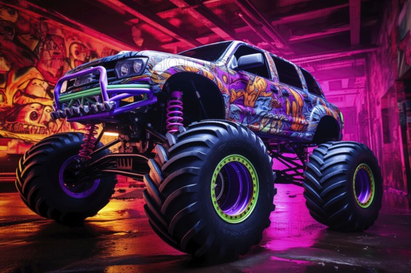 Monster truck illuminated by neon lights, excitement and thrill of an extreme sport and