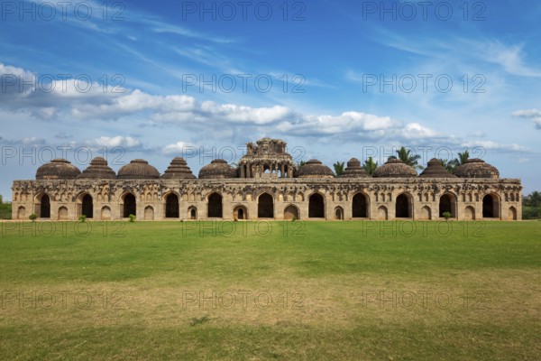Ancient ruins of Elephant Stables, Royal Centre. Hampi, Karnataka, India. Stitched panorama