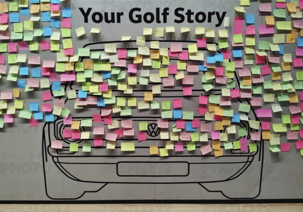 Your Golf Story, wall with many small colourful notes and car drawings, Autostadt, Volkswagen AG,