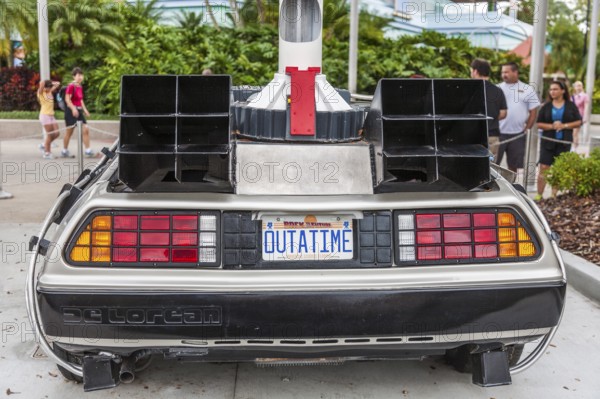 License plate on car from Back To The Future movies reads OUTATIME at Universal Studios theme park