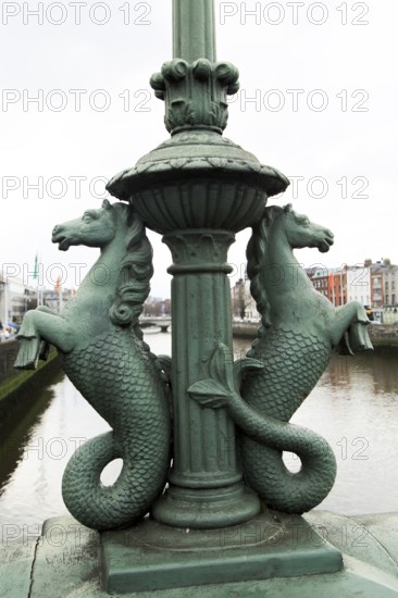 Seahorse lamp standards detail, Grattan Bridge, Dublin city centre, Ireland, Republic of Ireland,