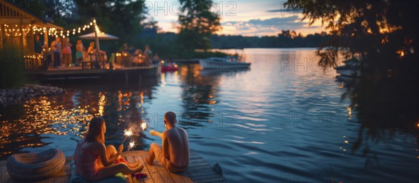 Families enjoing the holiday with outdoor fun and sparklers. generative AI, AI generated