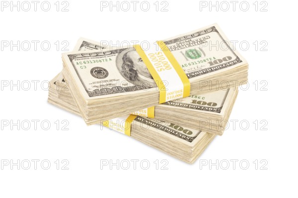 Ten thousand dollar stacks of one hundred dollar bills isolated on white