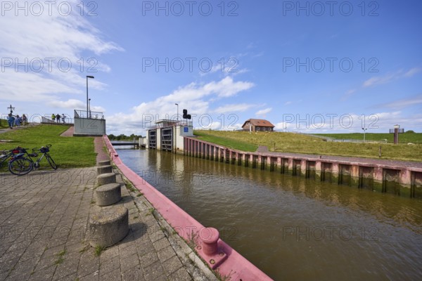 Varel lock with open lock gates in Varel, district of Friesland, Lower Saxony, Germany, Europe