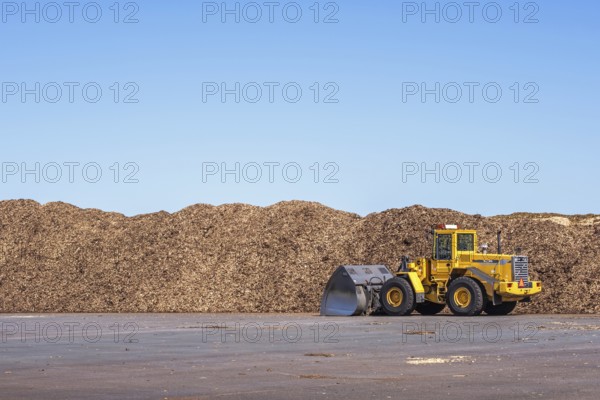 Loader at big stacks of wood chips for solid biomass fuel, Falköping, Sweden, Europe