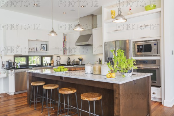 Kitchen area with white cabinets, marble top wooden island with painted black steel and exotic wood