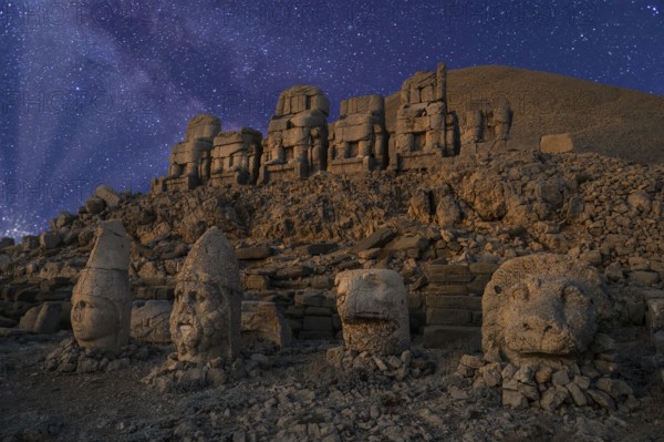 Mount Nemrut sanctuary, East terrace at night, Adiyaman province, Turkey, Asia