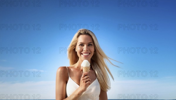 A blonde woman enjoys eating an ice cream in a cone