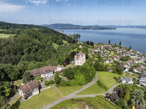 Aerial view of Salenstein Castle above the municipality of Mannenbach-Salenstein on western Lake