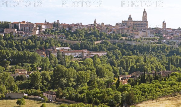 Segovia old town with the city wall and the cathedral in the evening, Province of Segovia, Castile