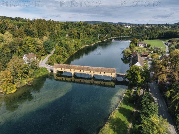 Aerial view of the covered Rhine bridge connecting the Swiss municipality of Rheinau and the German