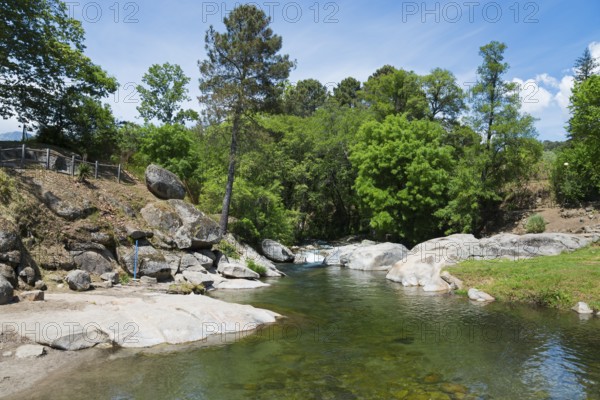 Ein ruhiger Fluss, der zwischen Felsen und einem grünen Wald fließt, schafft eine friedliche und