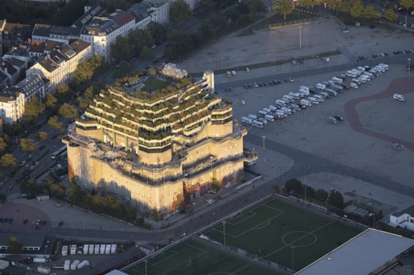 Aerial view of Grüner Bunker St. Pauli at sunset, Hamburg, Germany, Europe