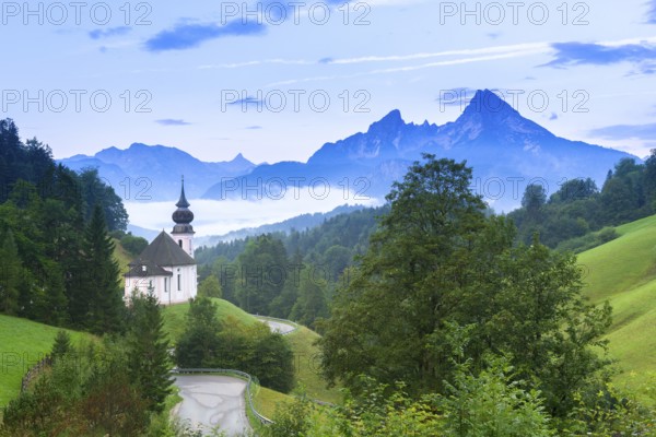 Maria Gern pilgrimage church, view of the Watzmann, in front of sunrise, Berchtesgarden Alps,